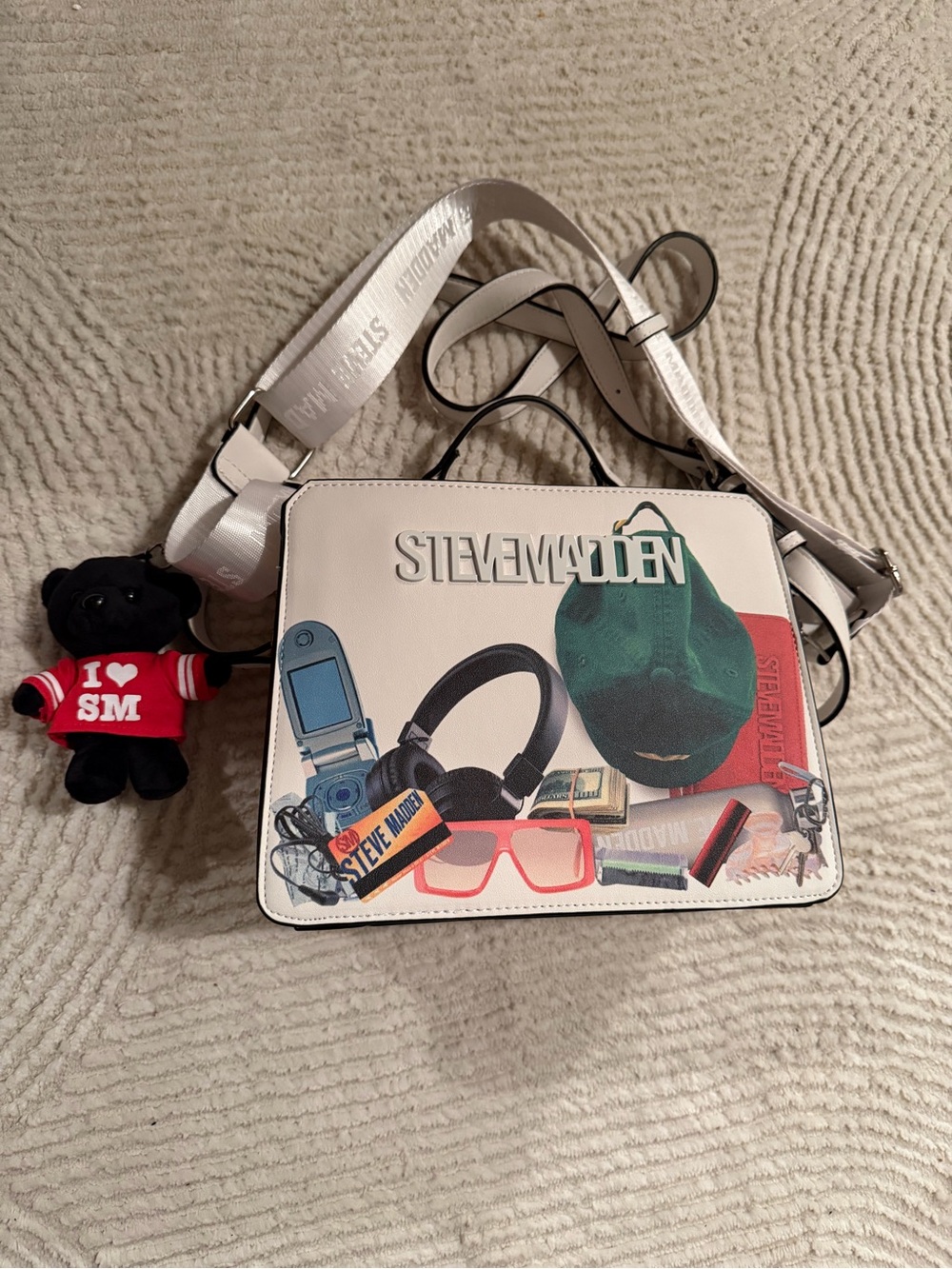 Steve Madden White Kids Graphic Crossbody Bag with Red Accent